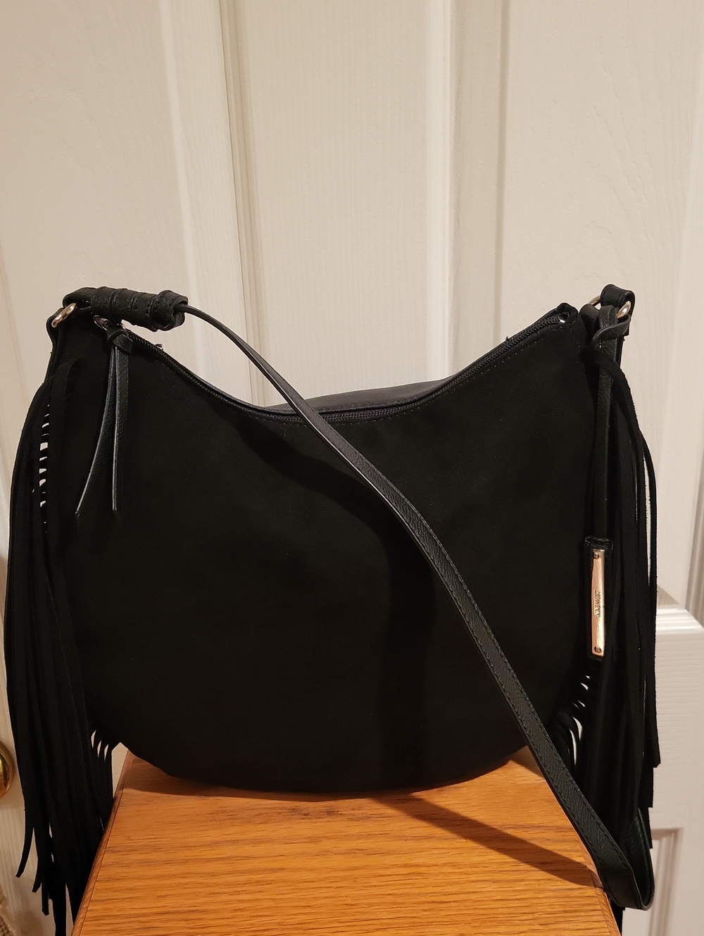 Nine West Black Suede Fringe Hobo Bag NWOT Boho Crossbody Purse